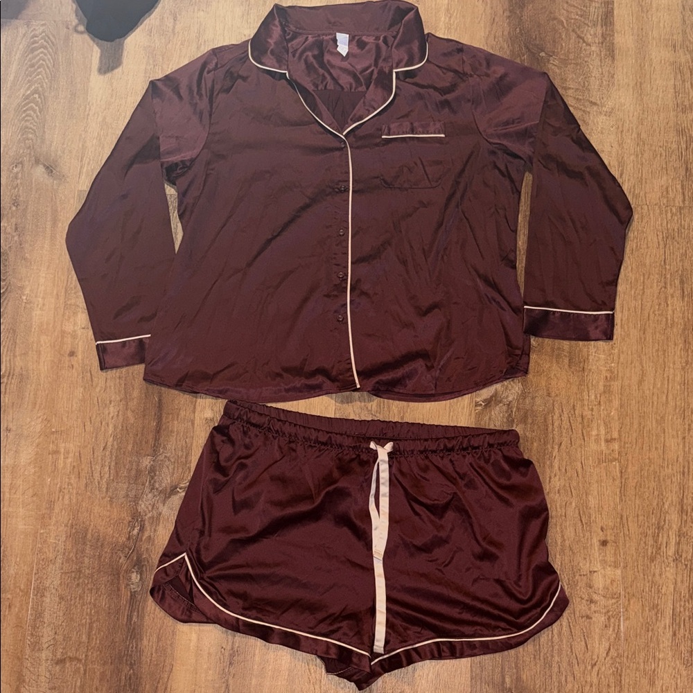 Stars Above Satin Pajama Set - Deep Burgundy with Cream Trim